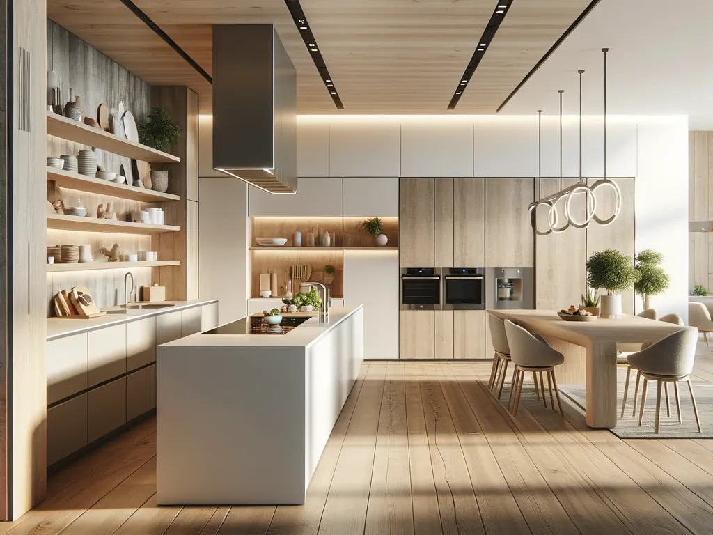 Moderne Küche in minimalistischem Design mit offener Raumgestaltung. Die Küche präsentiert klare Linien, grifflose Schränke und integrierte Geräte. Natürliche Materialien wie Holz, Stein und Metall sorgen für Wärme und Textur. Der Raum ist hell und luftig, mit innovativer Beleuchtung und energieeffizienten Merkmalen, die Funktionalität und ästhetische Anziehungskraft vereinen.