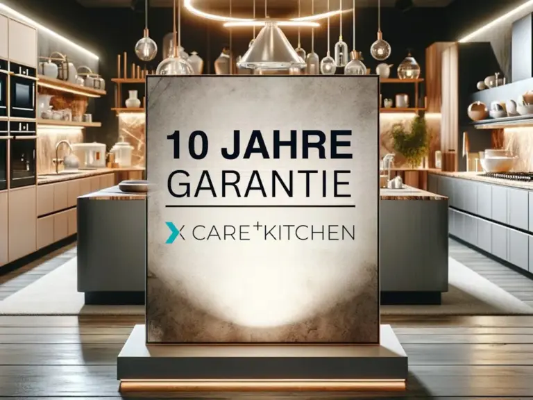 Elegantes Küchenstudio von ElementsArt mit XCARE+KITCHEN Garantie-Schild – moderne Küchendesigns mit 10 Jahren Garantie