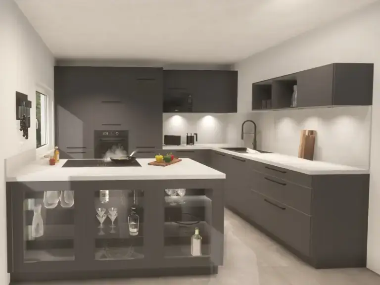Moderne L-förmige Küche in Anthrazit von ElementsArt mit eleganter weißer Arbeitsplatte und hochwertigen Einbaugeräten.